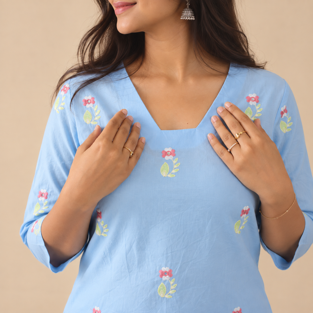 Sky Bloom - Embroidered Kurta Set