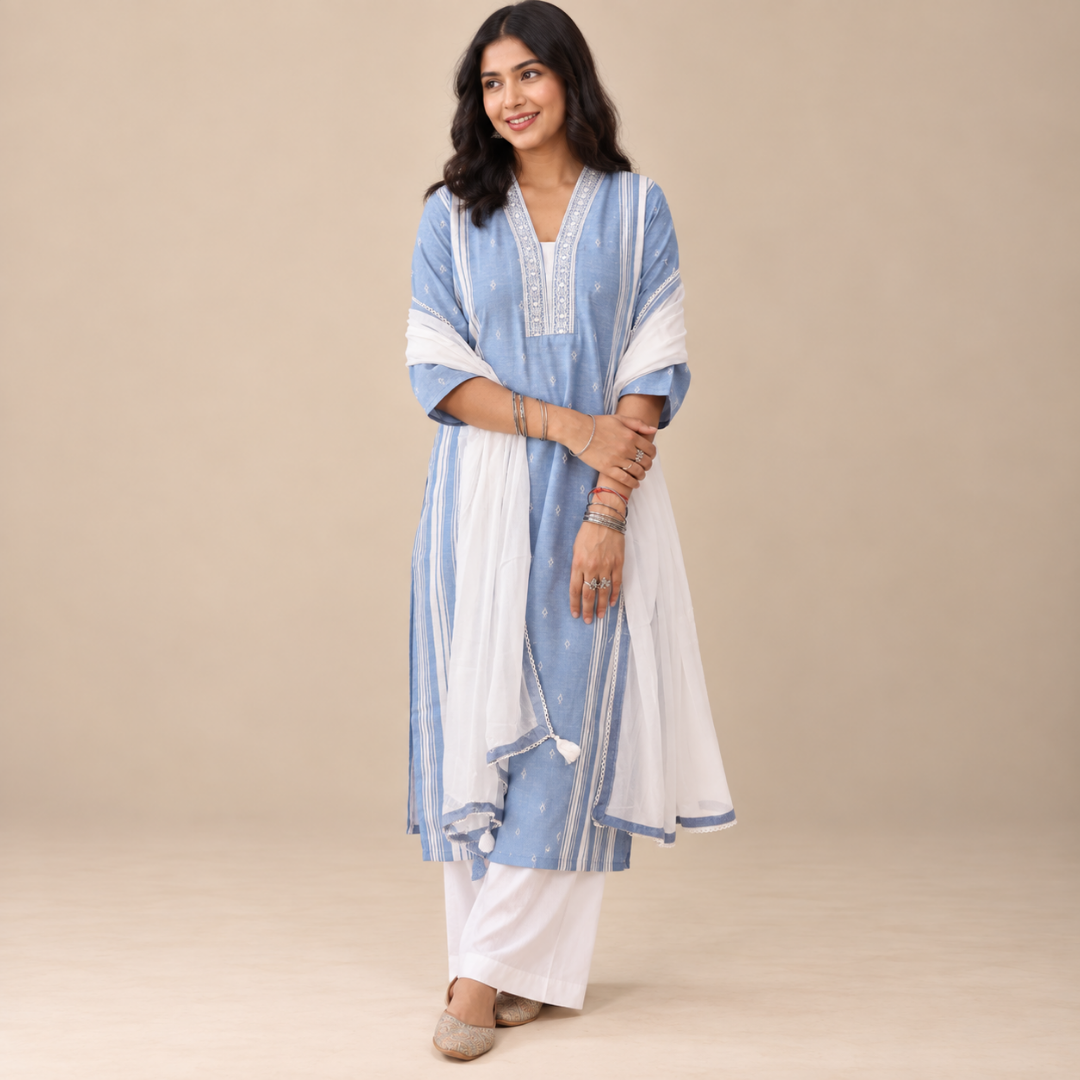 Serenity Sky - Cotton Kurta Set with Chiffon Dupatta