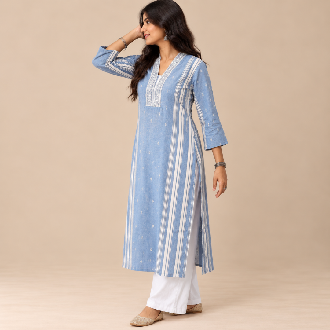 Serenity Sky - Cotton Kurta Set with Chiffon Dupatta