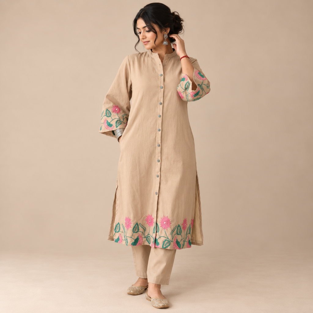 Beige Blossom - Co-ord Set with Statement Embroidery