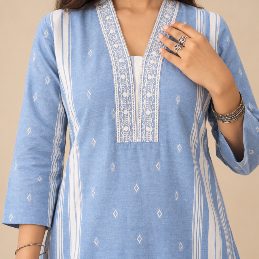 Serenity Sky - Cotton Kurta Set with Chiffon Dupatta