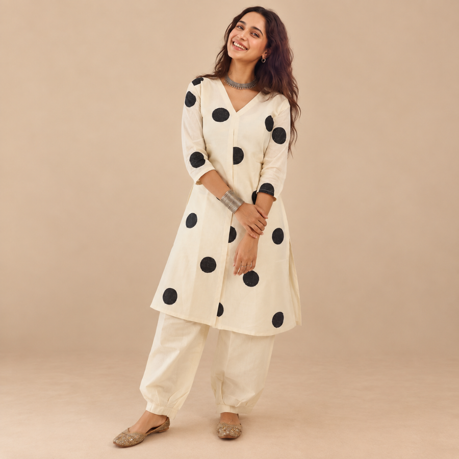 Timeless Polka - Khadi Kurta Set - Black