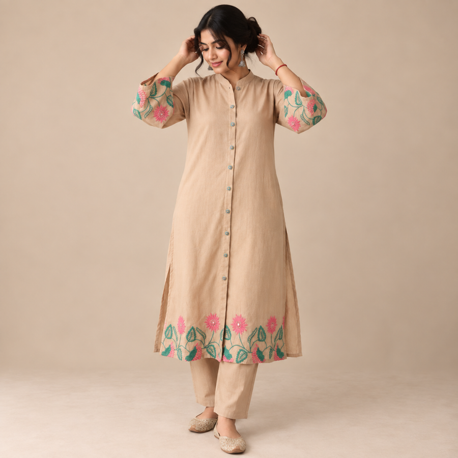 Beige Blossom - Co-ord Set with Statement Embroidery
