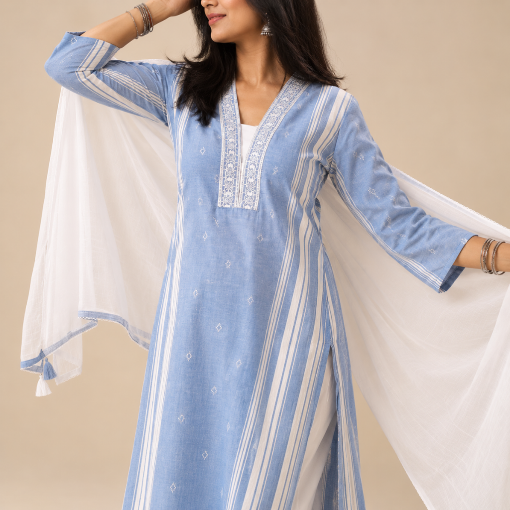 Serenity Sky - Cotton Kurta Set with Chiffon Dupatta