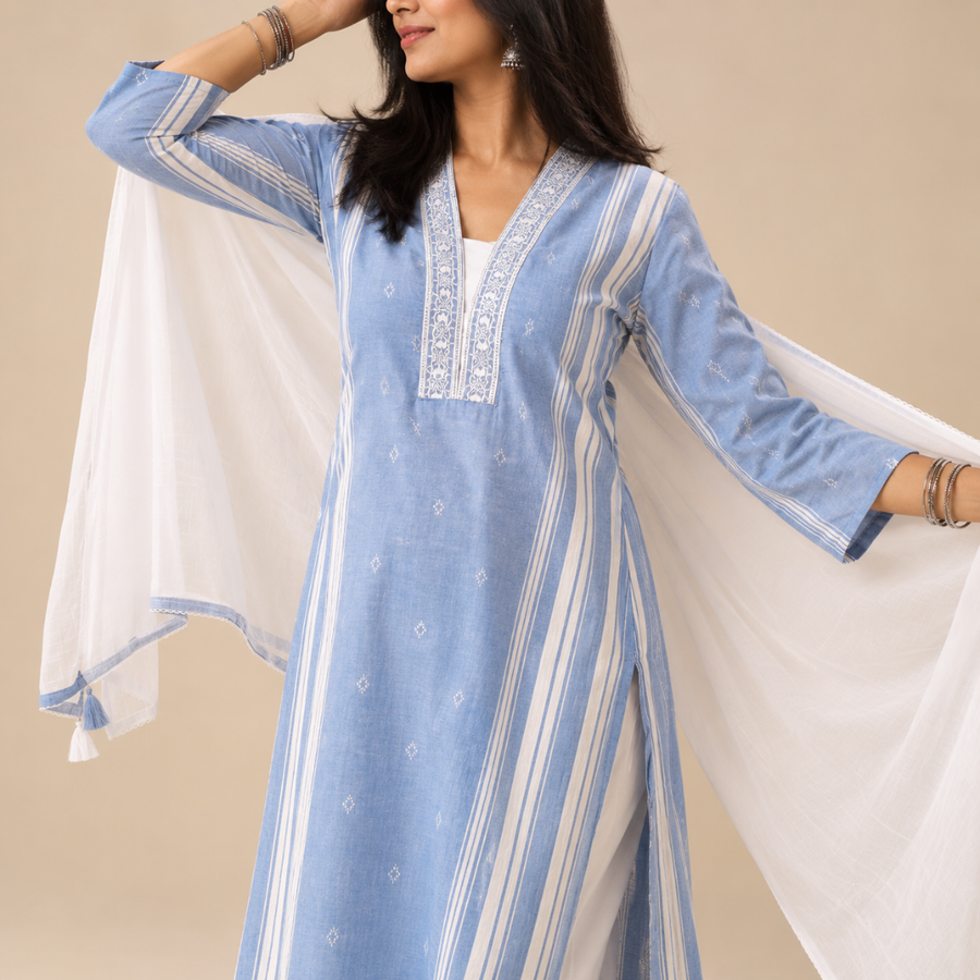 Serenity Sky - Cotton Kurta Set with Chiffon Dupatta
