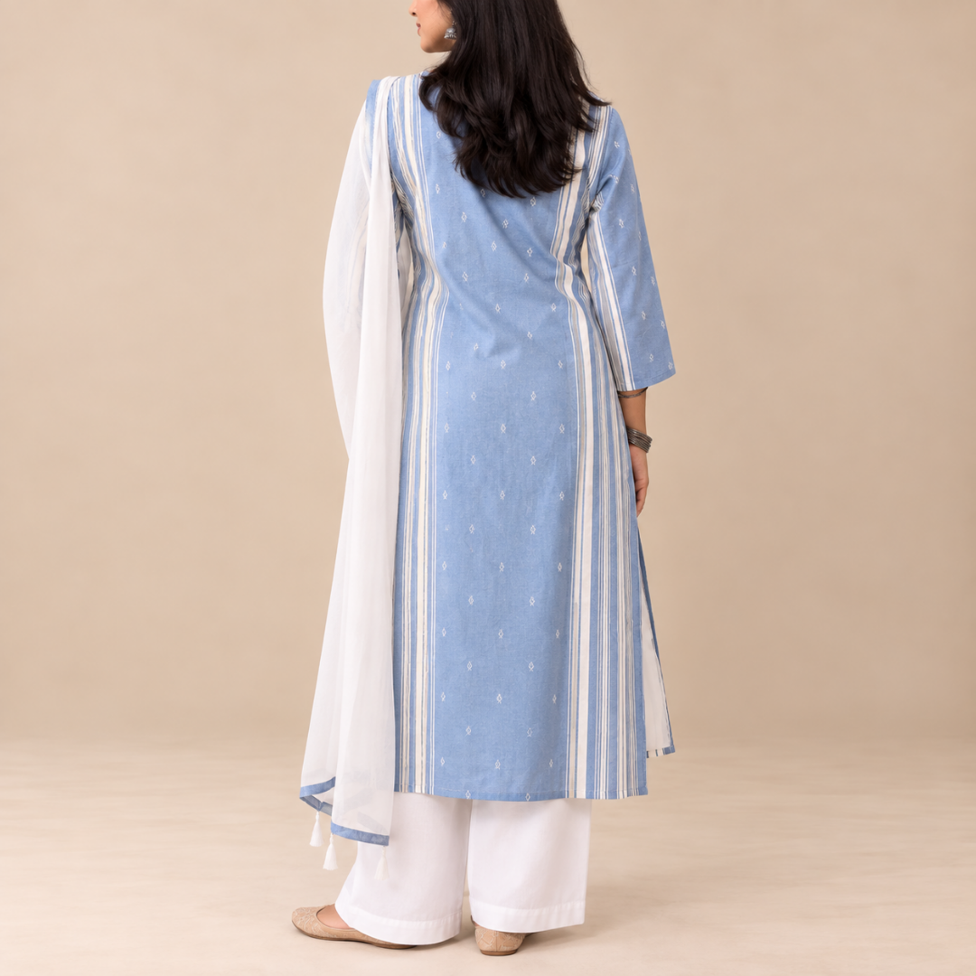 Serenity Sky - Cotton Kurta Set with Chiffon Dupatta