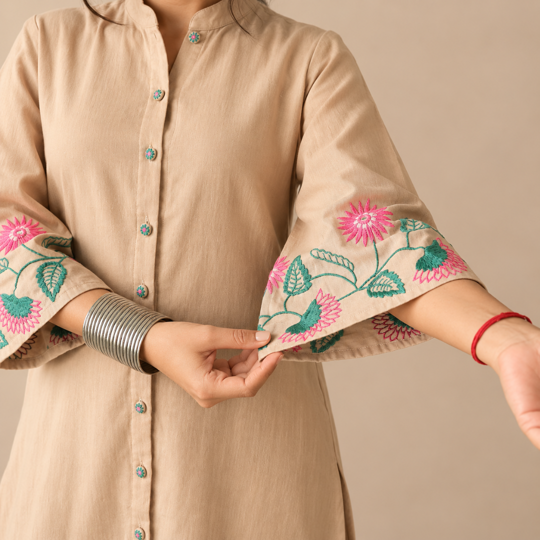 Beige Blossom - Co-ord Set with Statement Embroidery