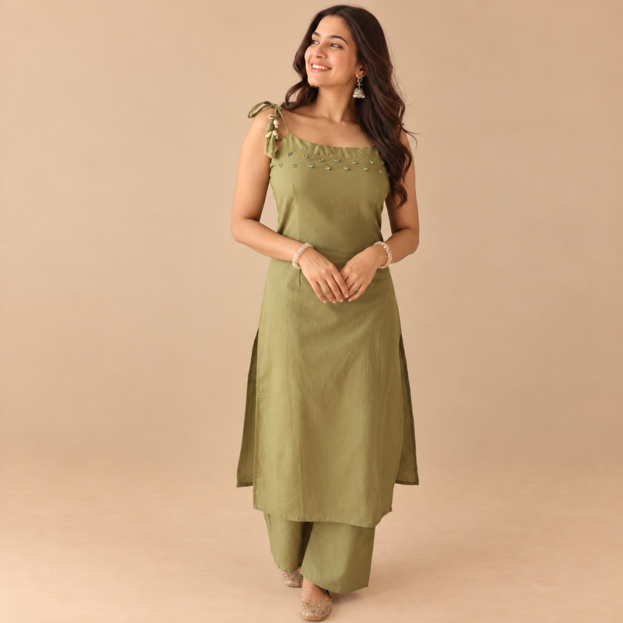 Earthy elegance – Olive green mirror-embroidered cotton kurta set