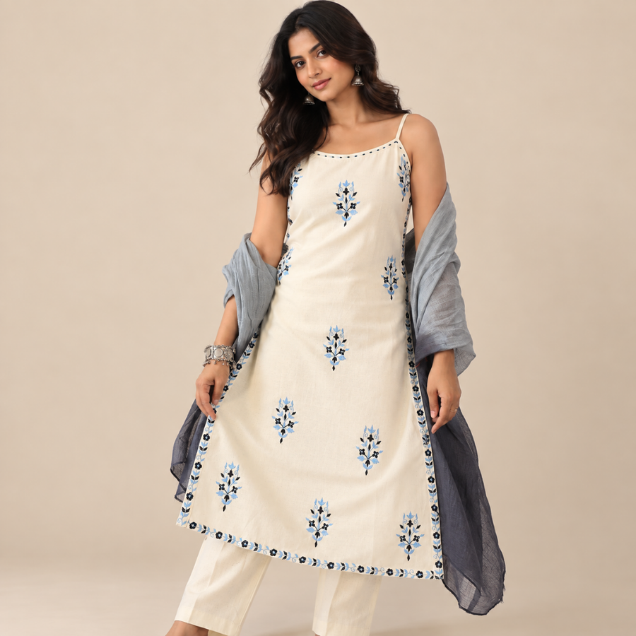 Noor - Spaghetti Suit Set with Kota Doria Dupatta - Blue