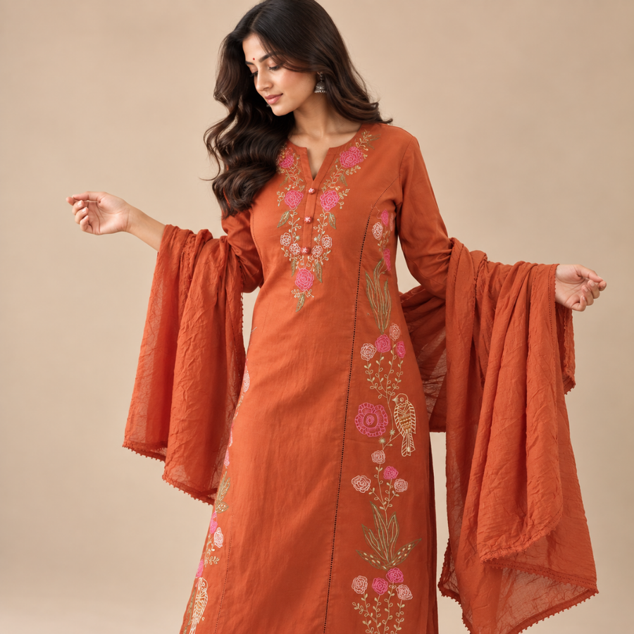 Parinda Rust Threadwork Cotton Suit