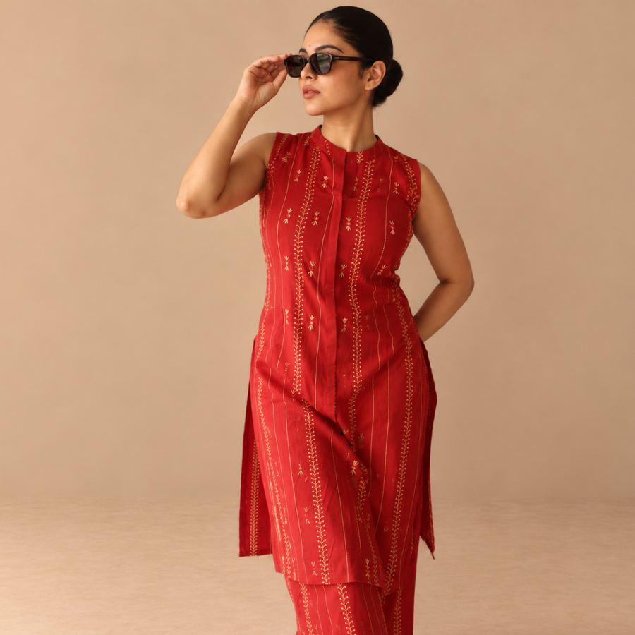 Regal red - Cotton kurta set with brown embroidery