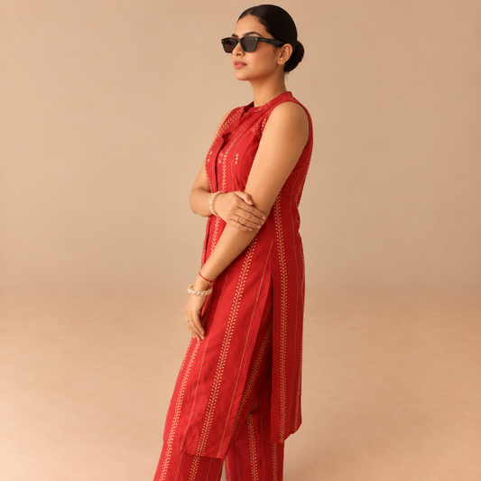 Regal red - Cotton kurta set with brown embroidery