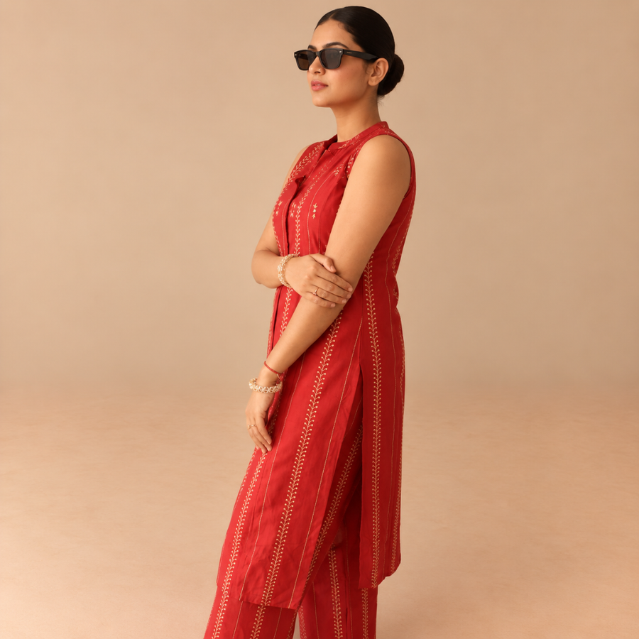 Regal red - Cotton kurta set with brown embroidery