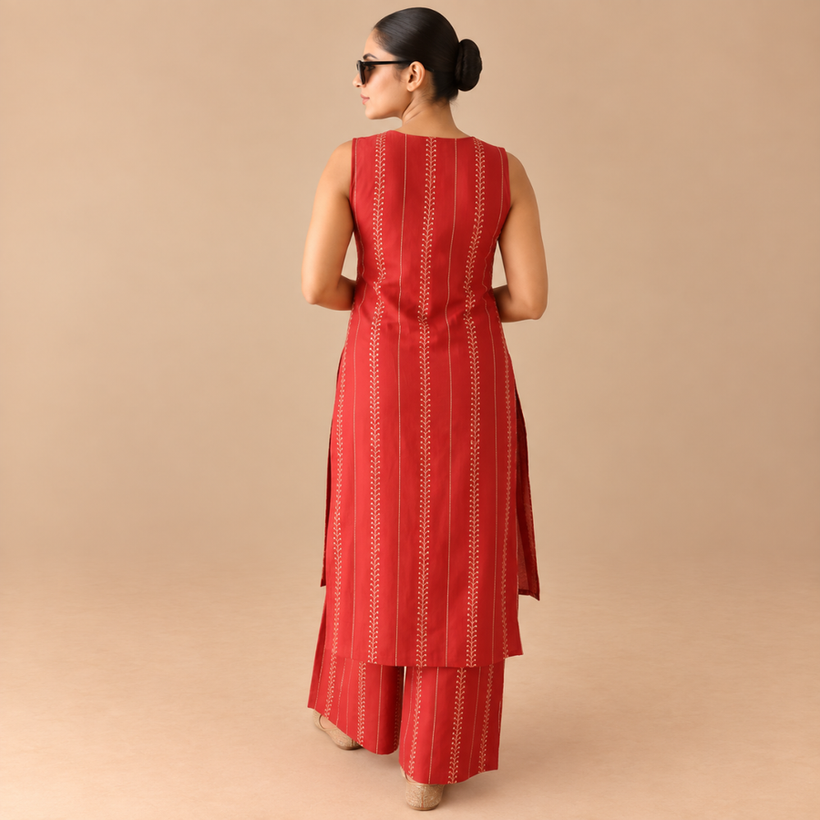 Regal red - Cotton kurta set with brown embroidery