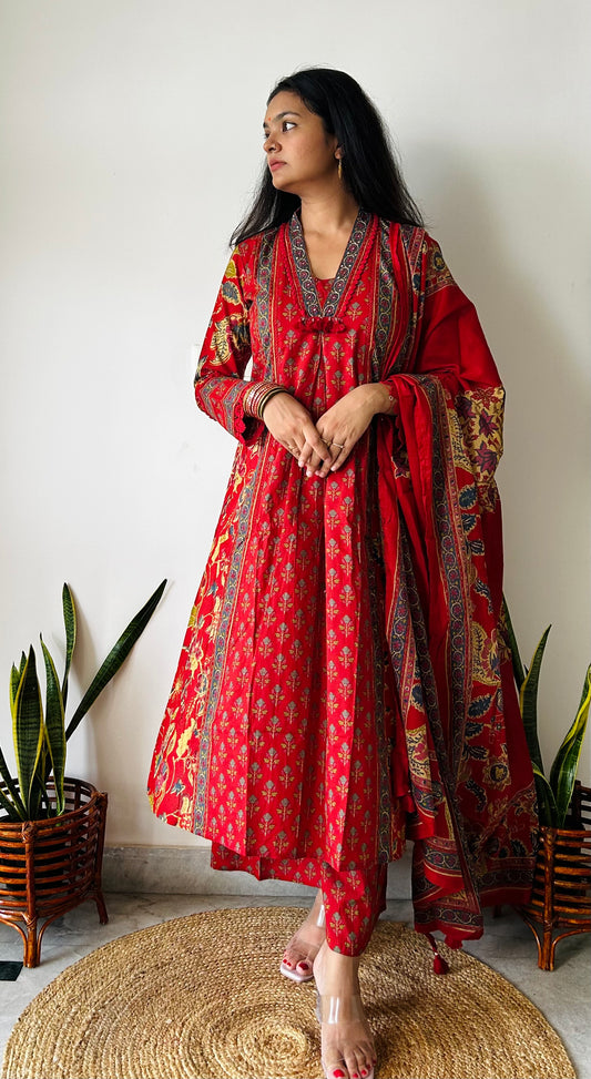 Gulnaar Red Blockprint Suit set
