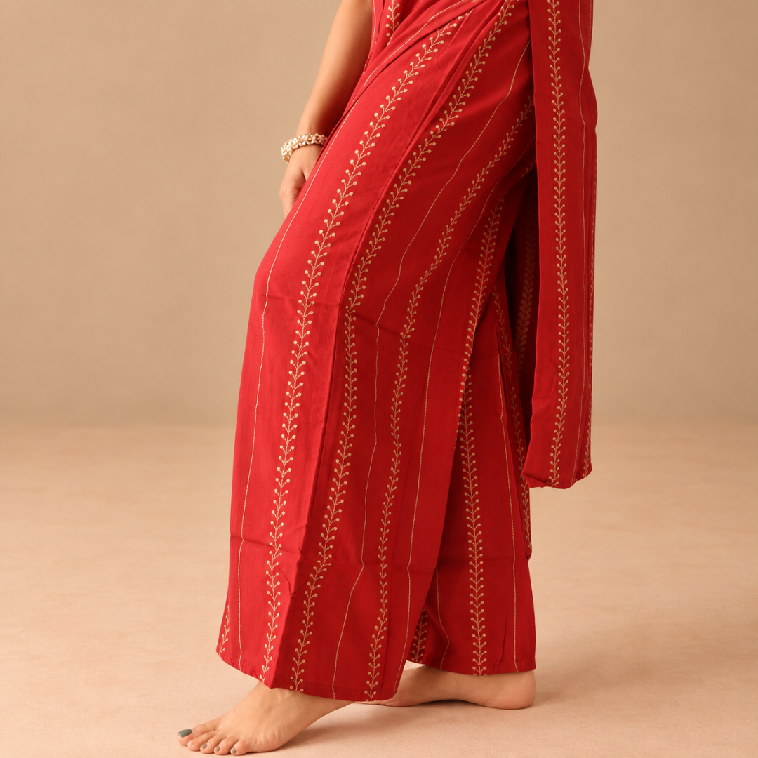 Regal red - Cotton kurta set with brown embroidery