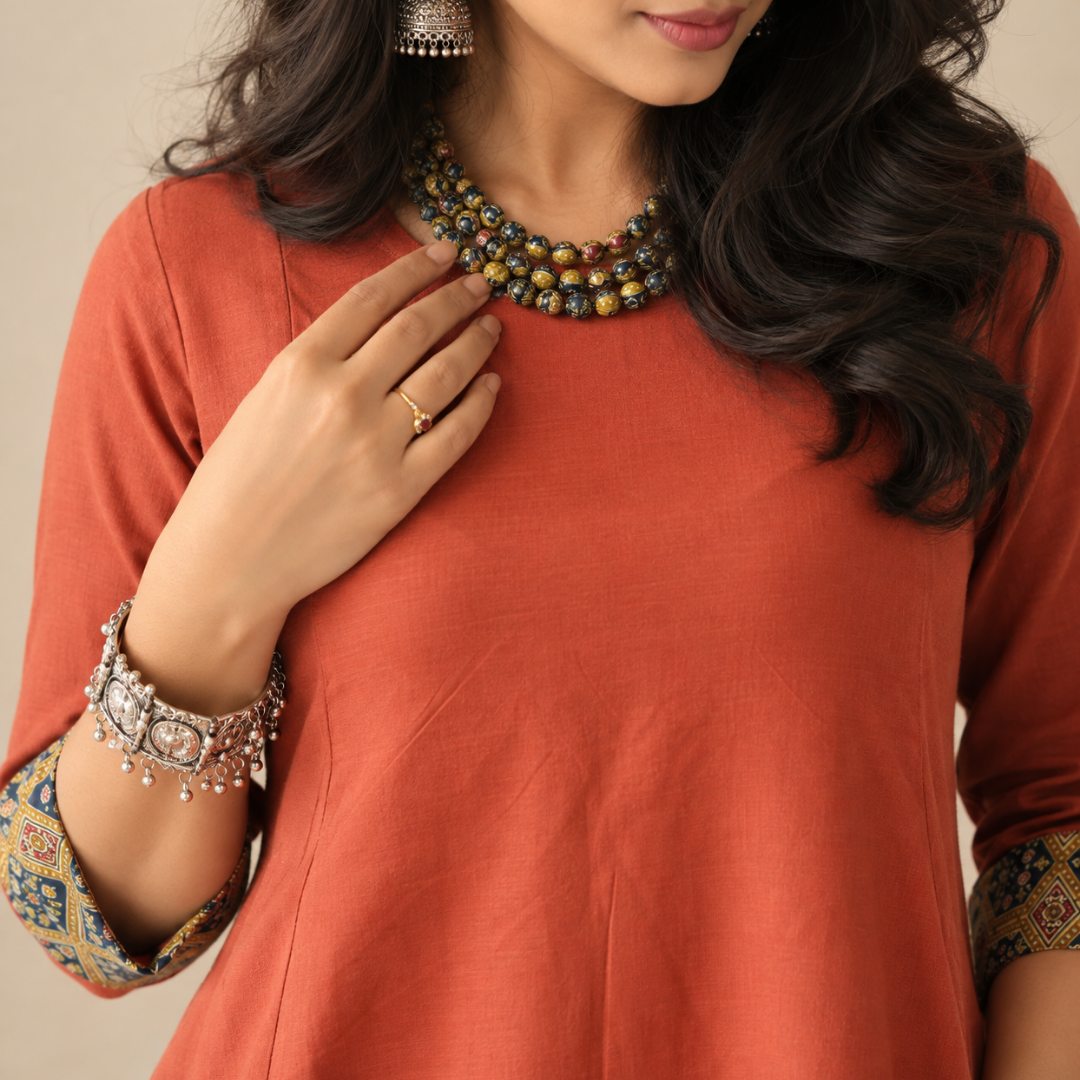 Terracotta Muse - Co-ord Set with Cotton Beaded Necklace