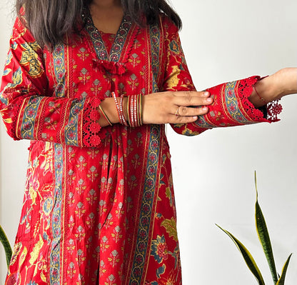Gulnaar Red Blockprint Suit set