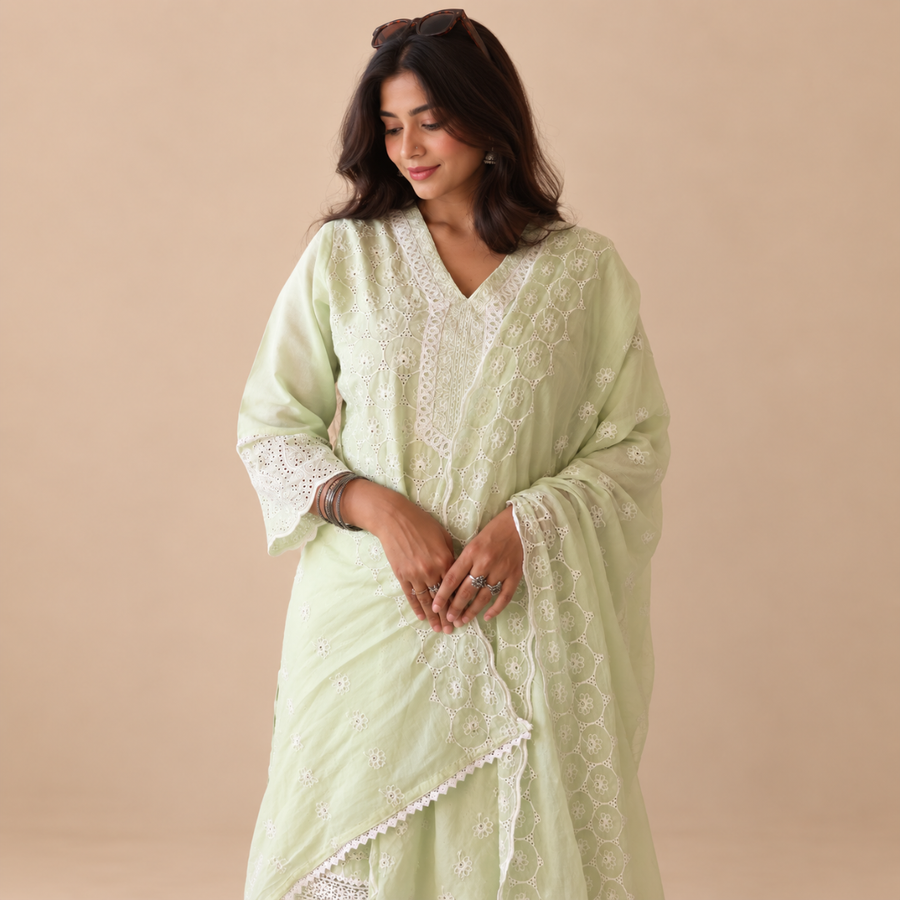 Ethereal Elegance -  Chikankari Cotton Suit - Green