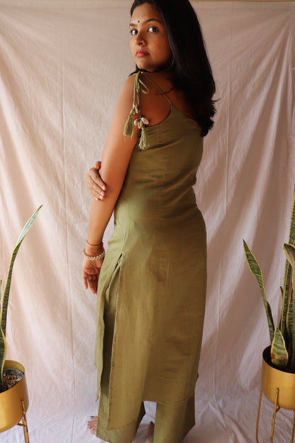 Earthy elegance – Olive green mirror-embroidered cotton kurta set