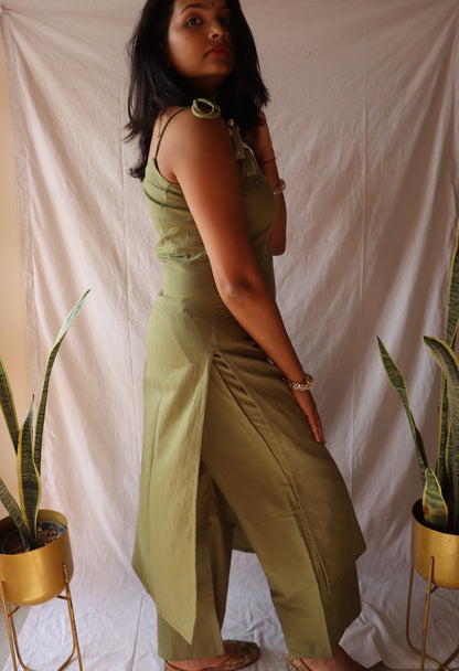 Earthy elegance – Olive green mirror-embroidered cotton kurta set