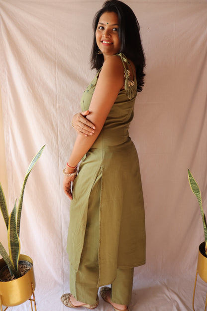 Earthy elegance – Olive green mirror-embroidered cotton kurta set