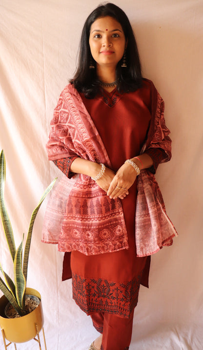 Copper charm - Brown cotton kurta set with black embroidery