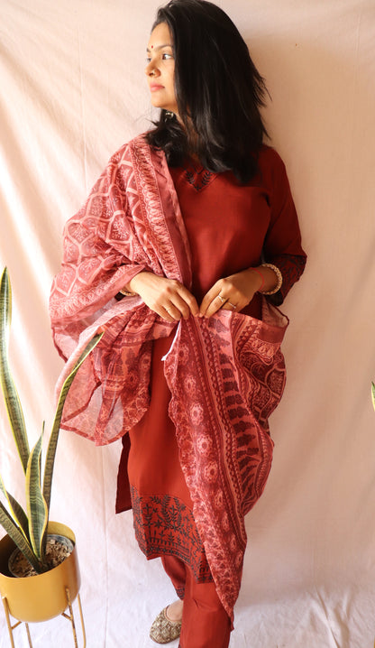 Copper charm - Brown cotton kurta set with black embroidery