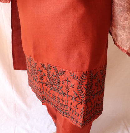 Copper charm - Brown cotton kurta set with black embroidery