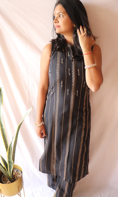 Bold in Black - Embroidered black cotton kurta set