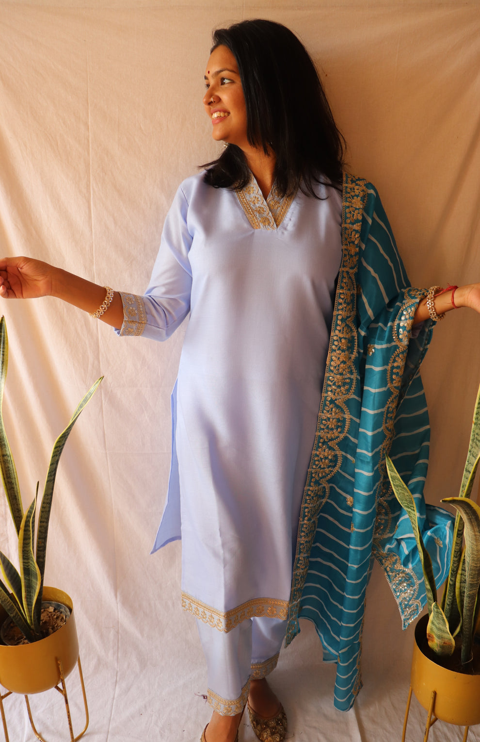 LIME AND BLUE EMBROIDERED SUIT SET main image 1