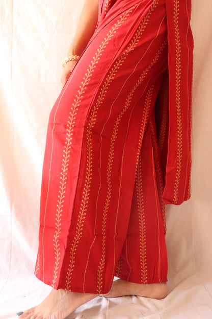 Regal red - Cotton kurta set with brown embroidery