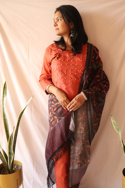 Rust radiance - Brown beaded cotton kurta set with embellished dupatta