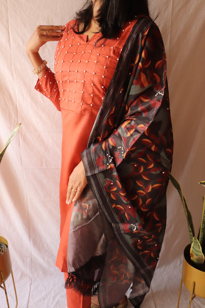 Rust radiance - Brown beaded cotton kurta set with embellished dupatta