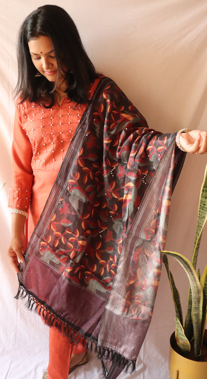 Rust radiance - Brown beaded cotton kurta set with embellished dupatta