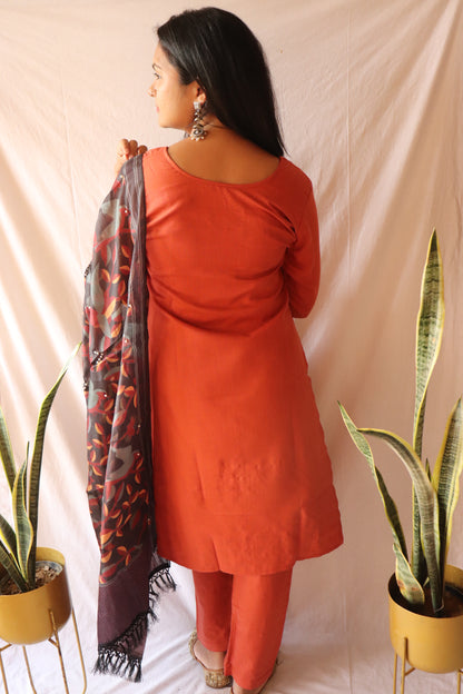 Rust radiance - Brown beaded cotton kurta set with embellished dupatta