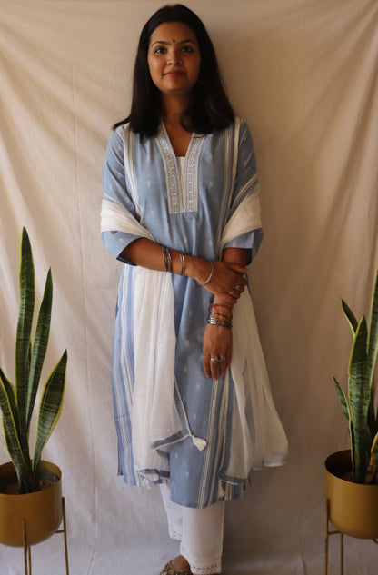 Serenity Sky - Cotton Kurta Set with Chiffon Dupatta