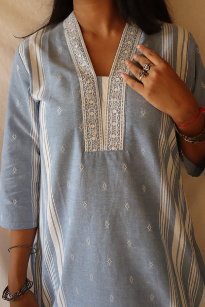 Serenity Sky - Cotton Kurta Set with Chiffon Dupatta