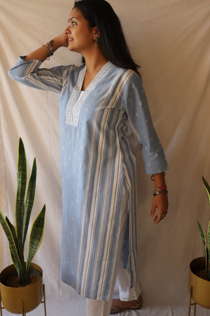 Serenity Sky - Cotton Kurta Set with Chiffon Dupatta