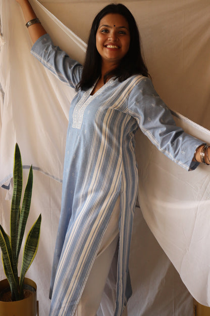 Serenity Sky - Cotton Kurta Set with Chiffon Dupatta