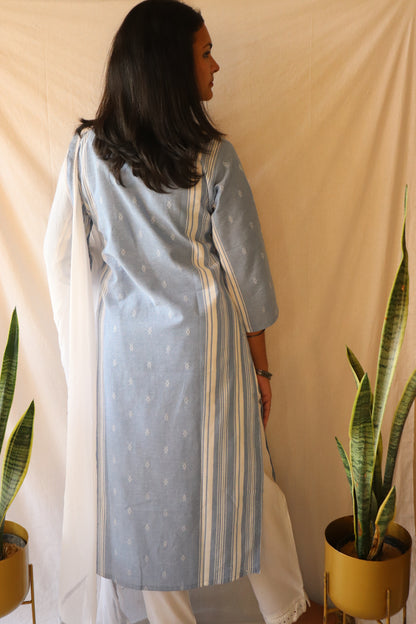 Serenity Sky - Cotton Kurta Set with Chiffon Dupatta