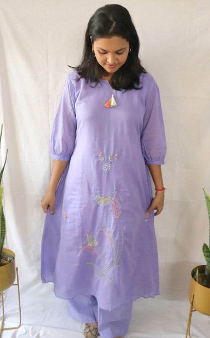 Lilac Bloom Embroidered Kurta Set – Whisper of Spring