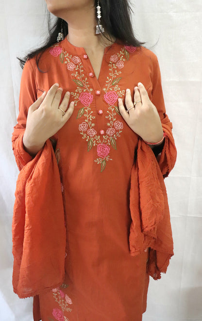 Parinda Rust Threadwork Cotton Suit