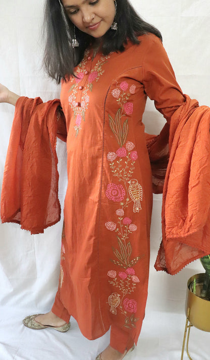 Parinda Rust Threadwork Cotton Suit