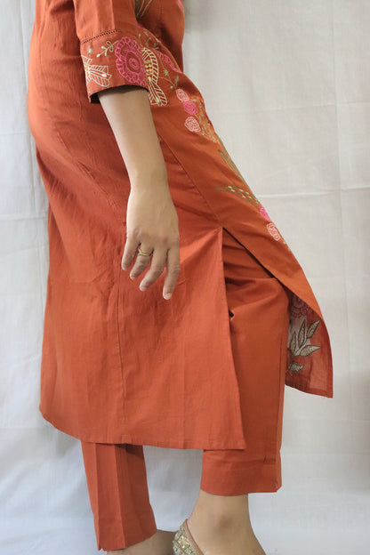 Parinda Rust Threadwork Cotton Suit