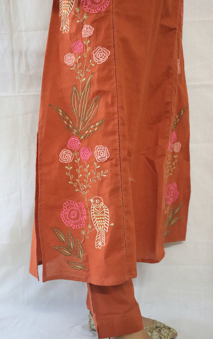 Parinda Rust Threadwork Cotton Suit