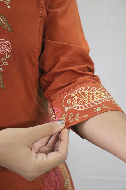 Parinda Rust Threadwork Cotton Suit