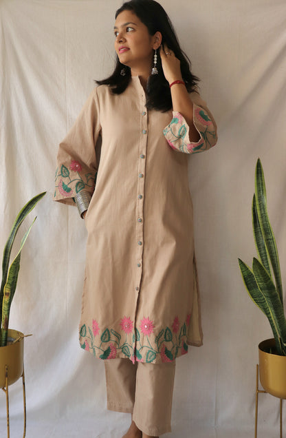 Beige Blossom Co-ord Set with Statement Embroidery