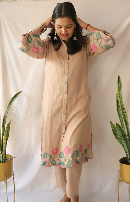 Beige Blossom Co-ord Set with Statement Embroidery