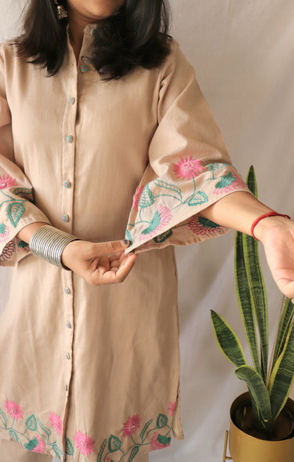 Beige Blossom Co-ord Set with Statement Embroidery